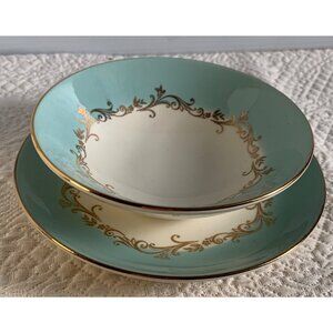 Lifetime China Gold Crown Salad Plate & Bowl Turquoise/Gold Vintage Set USA